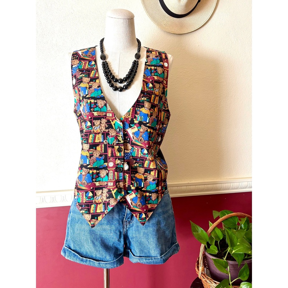 111 Main Vintage Teddy Bear Library Print‎ Vest M Cotton Retro 90s Grandmacore